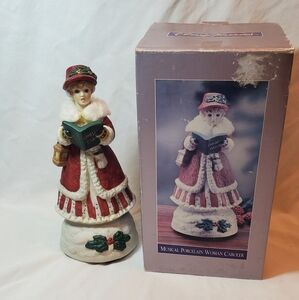 Classic Treasures Vtg Musical Porcelain Woman Caroler Animated Joy To The World